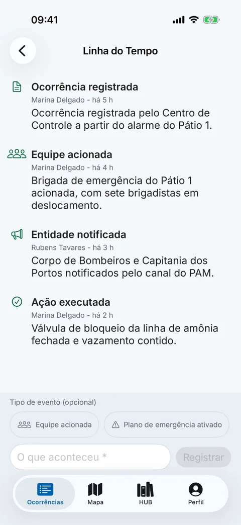 Tela do Nexus com a linha do tempo da ocorrência, cada evento com autor e horário